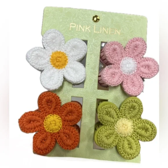 NWT 💚🧡🩷 Piper K Hair Claw Clips set of 4 flowers knitted crochet - Picture 1 of 14